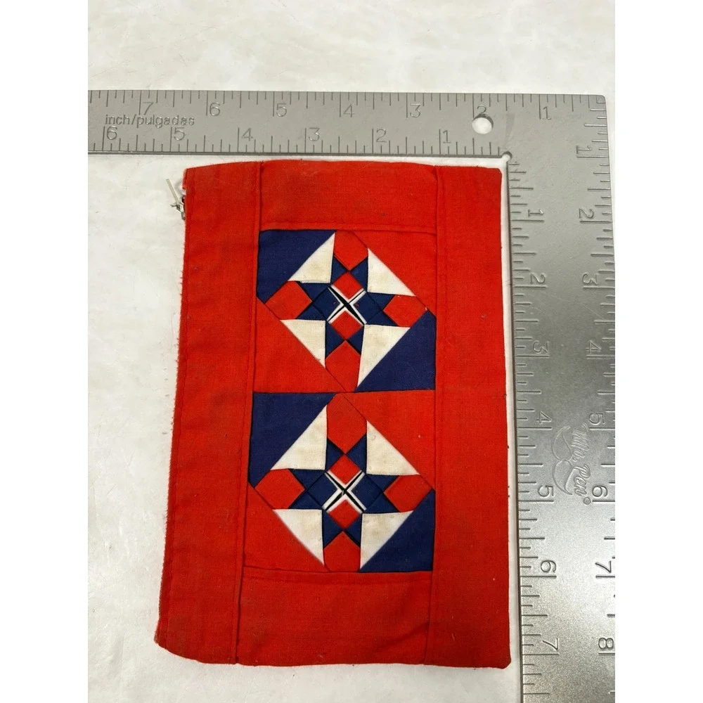 Vintage Lao Song Handicrafts Patchwork Zipper Pouch Red‎ Blue White Thailand Bag